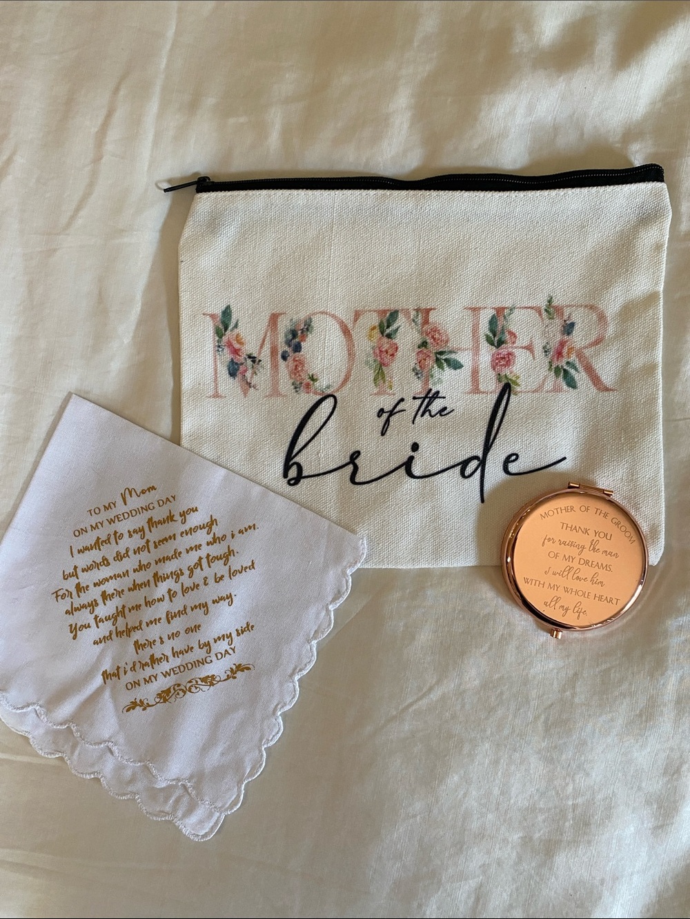 “Mother of the Bride” Floral Canvas Zipper Pouch - White & Black